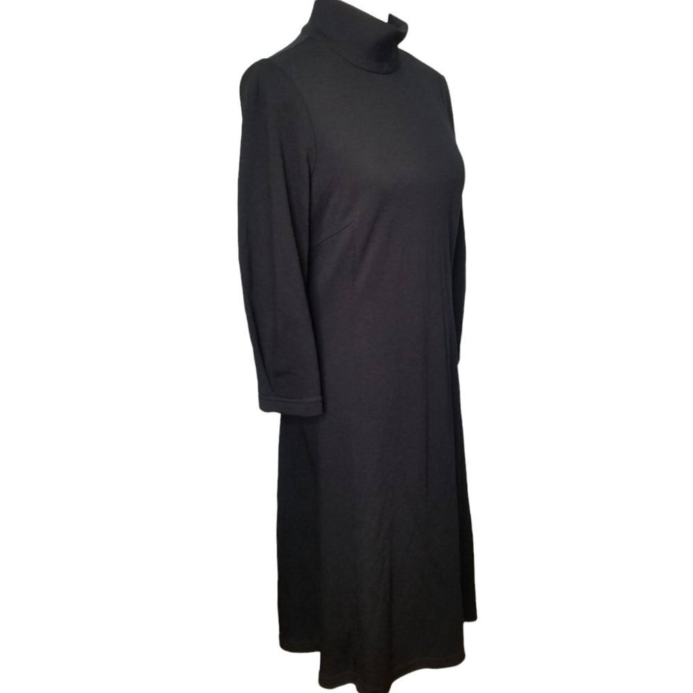 W Worth Black Mock Neck 100% Wool Midi A-Line 3/4" sleeves Shift Dress S…